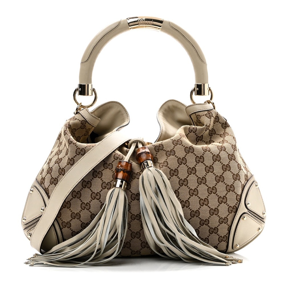 Gucci Indy Babouska Monogram Canvas & Leather Top Handle Tassel Hobo Bag